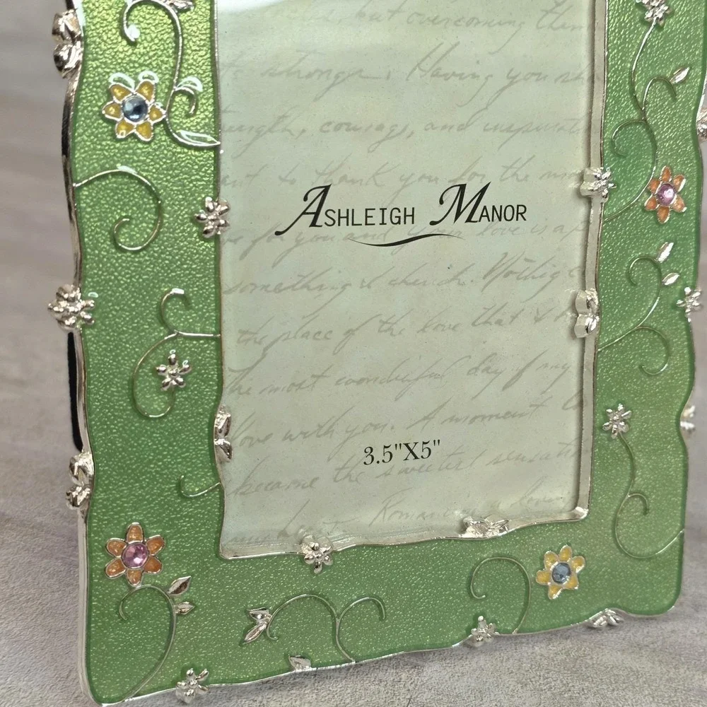 Ashleigh Manor Floral Ornate Green Enamel Photo Picture Frame 3.5x5